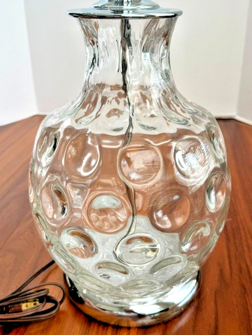Vintage Hand Blown (?) Clear Glass & Chrome 25 INCH TALL Table Lamp MCM Bubble
